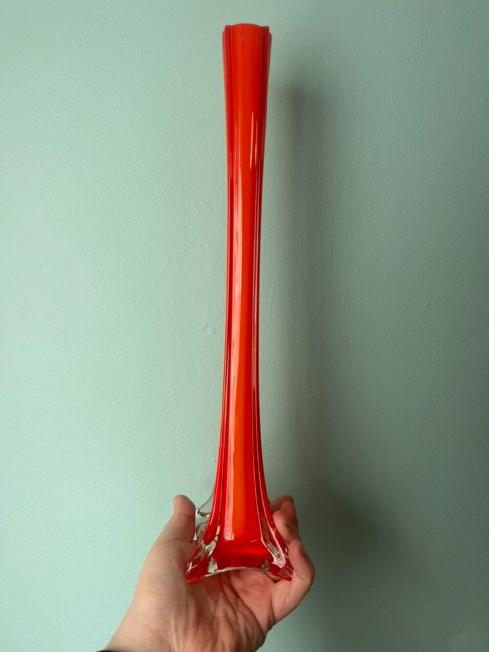 Vintage MCM Red Cased Glass Bud Vase 5 Toe Elephant Foot Swung Stem 11"